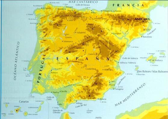 FITXA 4 Mapa físic d Espanya A.1. OBSERVA AQUEST MAPA FÍSIC D ESPANYA I RESPON A LES PREGUNTES: 1.