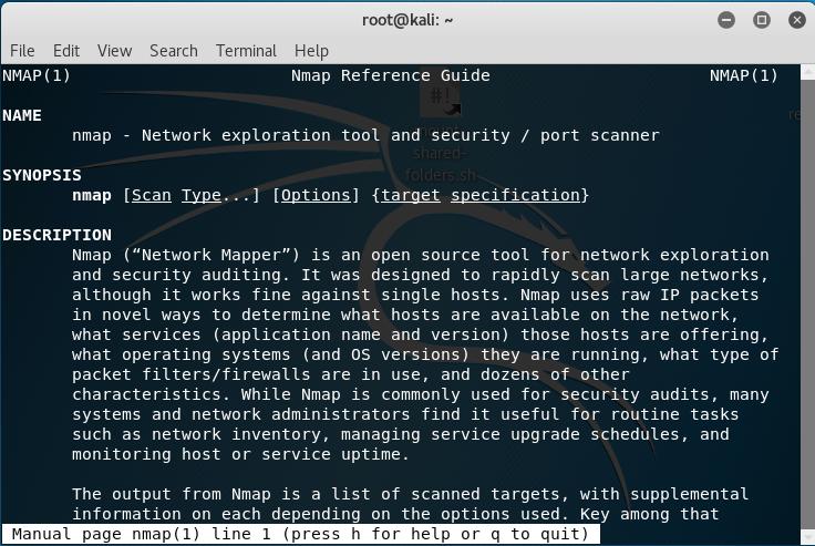 Introducción a la seguridad informática y el análisis de vulnerabilidades Figura 78. Ayuda de la herramienta nmap en Kali Linux.