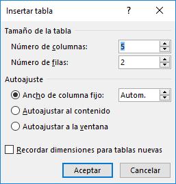 La opción Insertar tabla de la lista, nos permite crear una tabla especificando las dimensiones de la misma antes de insertarla en el documento.