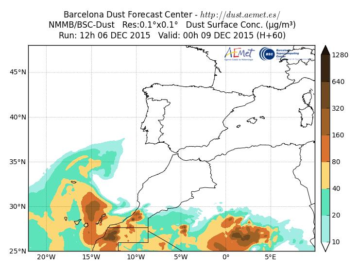 El modelo NMMB/BSC-Dust prevé también la presencia de masas de aire africano en superficie sobre las islas Canarias para los días 8 y 9 de diciembre.