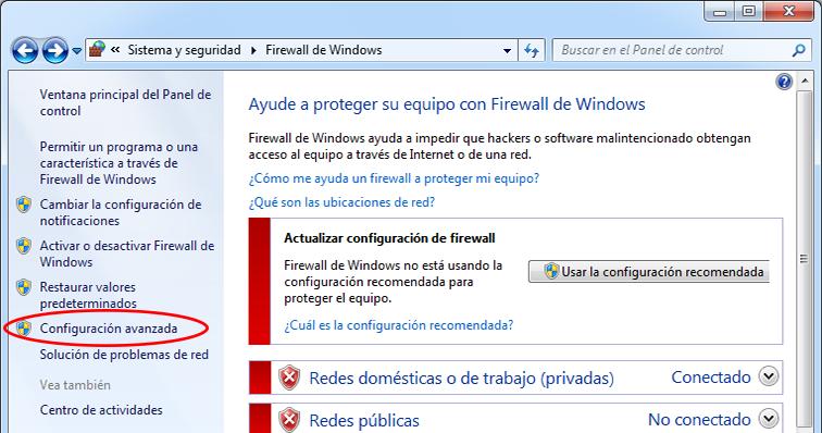 c. En el panel izquierdo de la ventana Firewall de Windows, haga clic en