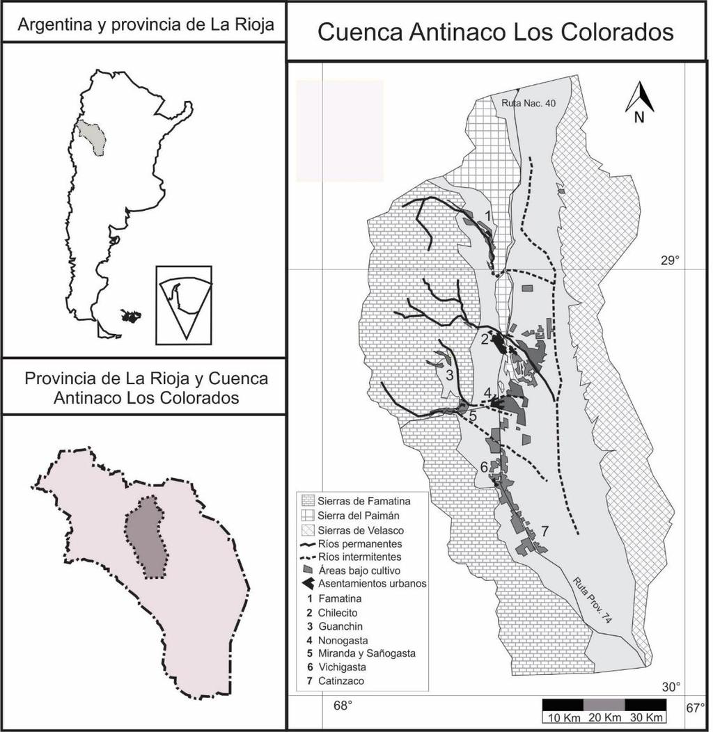 Localización de área de estudio La Cuenca Antinaco - Los Colorados (La Rioja) es uno de los oasis agroproductivos más importantes del Noroeste argentino (NOA).