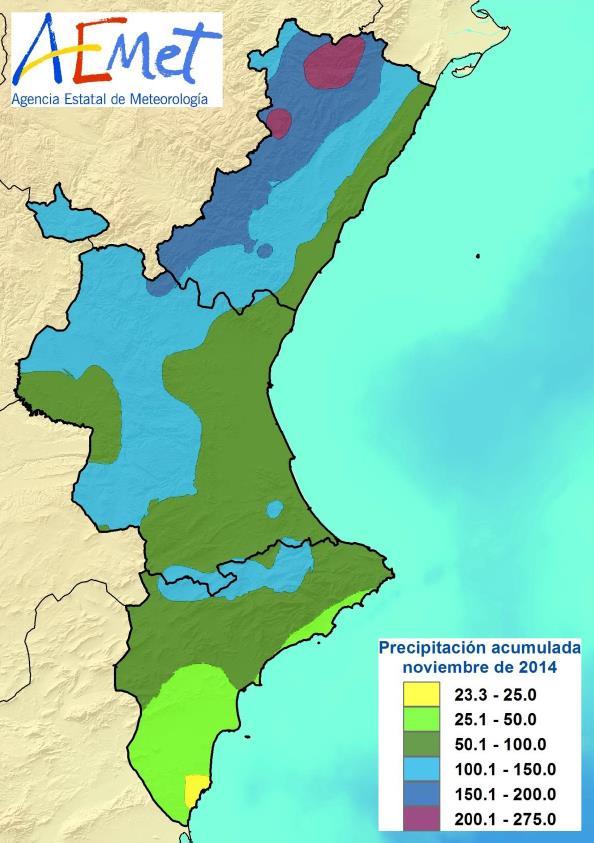 Imatge 2: Precipitació acumulada i caràcter pluviomètric del mes de novembre de 2014 a la Comunitat Valenciana.