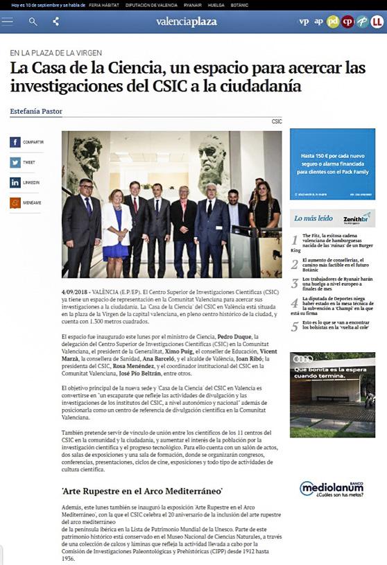 Inauguración de la Casa de la Ciencia en Valencia 3 de septiembre de 2018 Tabla de repercusión en prensa y medios digitales 3/9/2018.