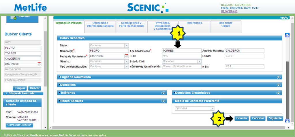 De nueva cuenta, SCENIC colocará automáticamente el nombre y el apellido de la Referencia.
