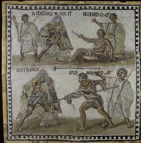 Mosaico de los gladiadores Astanax y Kalendio, Museo Arqueológico Nacional, S. III d. C. Roma.