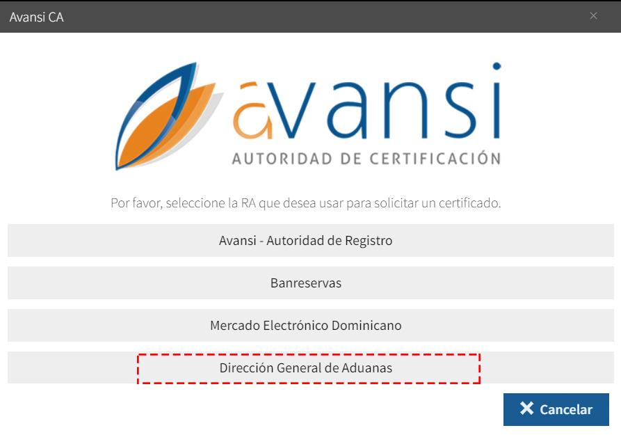 Se abrirá una ventana de Avansi, autoridad de certificación, de la lista seleccione Dirección