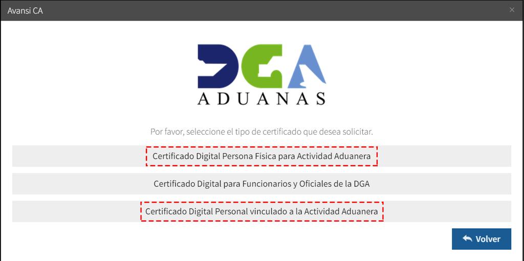 De la lista, elija el tipo de certificado que más le convenga entre Certificado Digital Persona