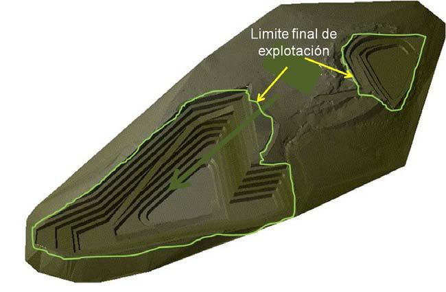 A tener el cuerpo geológico, se procede a realizar el diseño de minado, con esto se tiene la delimitación del límite final del tajo, como se ilustra en la siguiente figura 15.