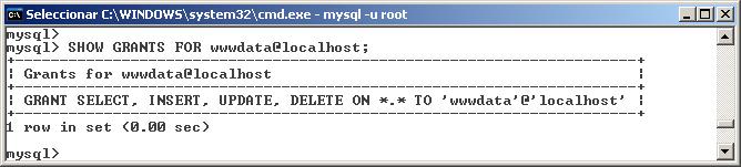 Figura 3: Privilegios de un usuario en MySQL DROP TABLE: borra una o más tablas. Además, MySQL es un sistema gestor de bases de datos que funciona con usuarios y permisos.
