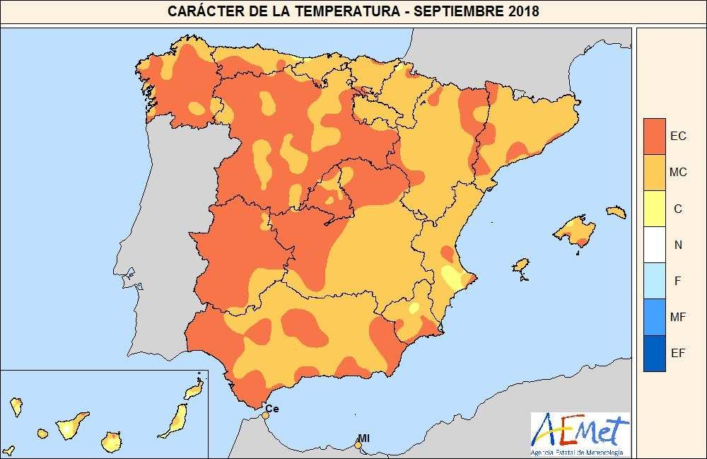 METEOROLOGÍA Y CLIMATOLOGÍA Temperatura El mes de septiembre ha presentado en conjunto un carácter extremadamente cálido, con una temperatura media sobre España de 23,0º C, valor que queda 2,4º C por