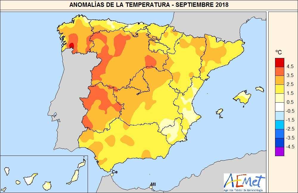 valores cercanos a 1º C en algunas áreas del sudeste. En Baleares las anomalías estuvieron comprendidas entre 1 y 2º C, mientras que en Canarias predominaron valores entre 0 y 1º C.
