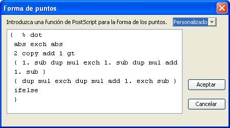FUNCIONES DE COLOR SETUP 51 Forma de puntos Seleccione una función de PostScript para la forma de puntos. Cuando se selecciona Personalizado, aparece el cuadro de diálogo Forma de puntos.