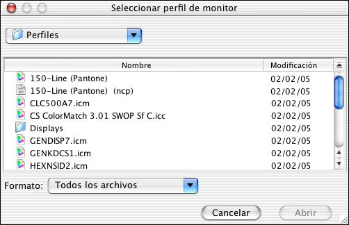 EDICIÓN DEL PUNTO BLANCO DE SIMULACIÓN DE PAPEL 17 4 Seleccione Perfiles ICC en la lista Formato. 5 Seleccione el perfil de monitor que corresponde a su monitor y haga clic en Abrir.