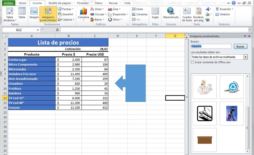 En Excel 2010 podemos insertar imágenes desde nuestro equipo o imágenes desde la
