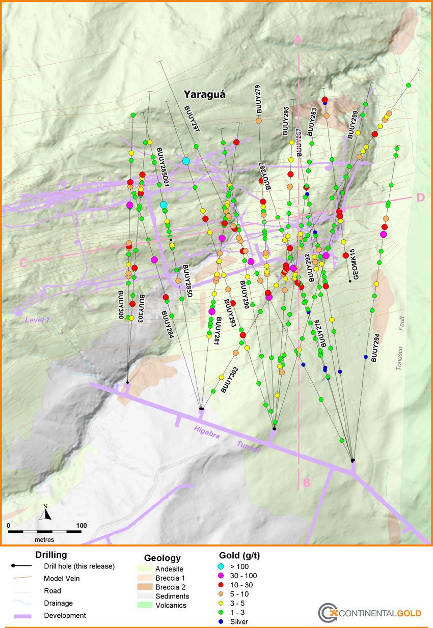 Página 12 Figura 1 - Vista de planta de los nuevos destacados de perforación en Yaraguá oriental, que muestra la proyección superficial de las vetas en el modelo de recursos minerales de