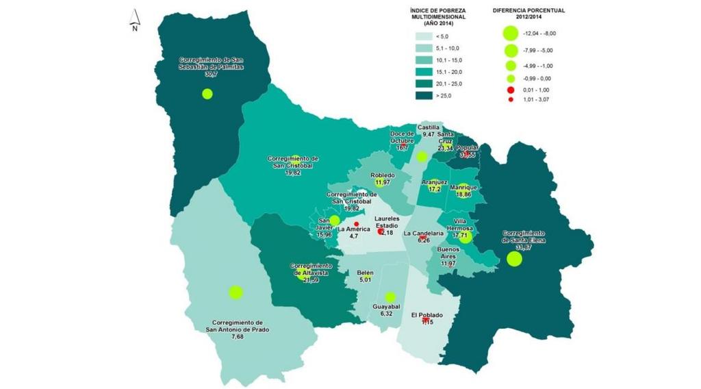 Mapa Incidencia de la pobreza multidimensional por comunas y corregimiento de Medellín 2014 Fuente: Cálculos del Departamento Administrativo de Planeación de Medellín -DAP- en base a la ECV Equidad