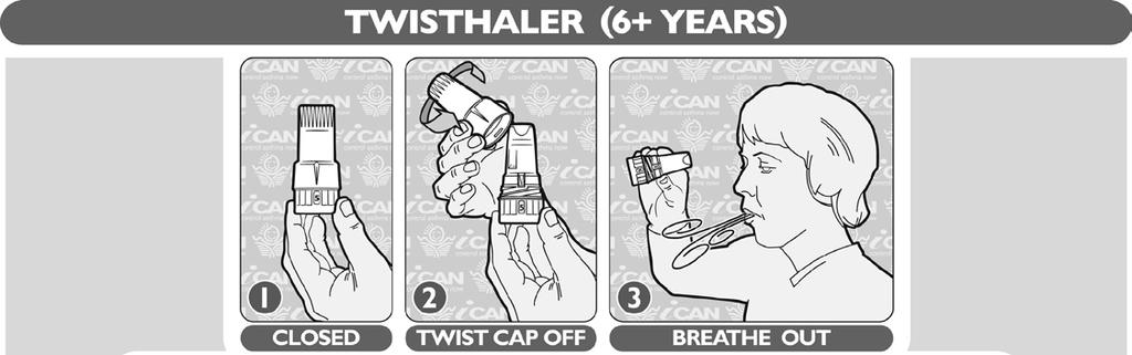 Instrucciones de uso de los dispositivos contra el asma Inhalador de polvo seco Twisthaler (para mayores de 6 años) 1. Cerrado 2. Girar la tapa para abrir 3. Exhalar 4.