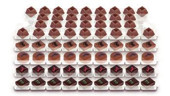 16001 SURTIDO DE BOMBONES MINI Caja de 290 unidades distribuidas en 5 bandejas, cada una de un sabor: melocotón, té y limón, crema catalana, almendra y avellana. 290 unidades / caja // 1,8 kg aprox.