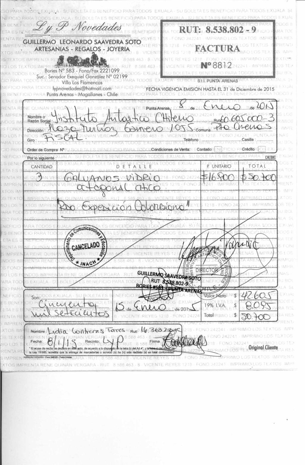 g y embleaccied RUT: 8.538.802-9 GUILLERMO LEONARDO SAAVEDRA SOTO ARTESANIAS - REGALOS - JOYERIA Bories N 583 - Fono/Fax 2221099 Suc.