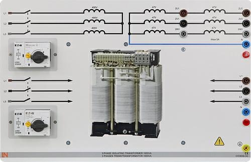 3 Transformador de separación trifásico 1300VA CO3636-3G 1 El transformador trifásico de aislamiento sirve como fuente de alimentación para todos los experimentos de electrónica de potencia.