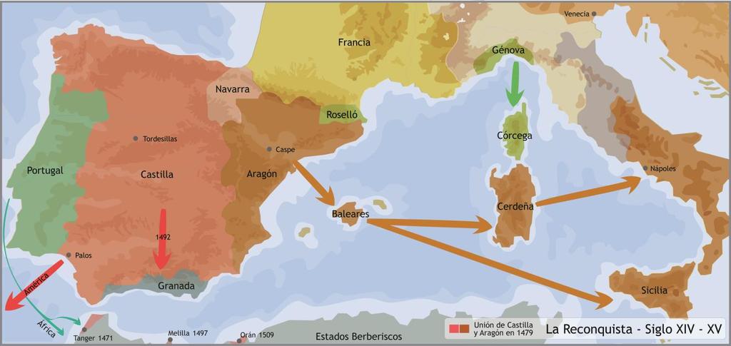 El comienzo de la Edad Moderna. A finales de la Edad Media, la península ibérica estaba dividida entre los reinos de Portugal, Castilla, Aragón, Navarra y Granada.