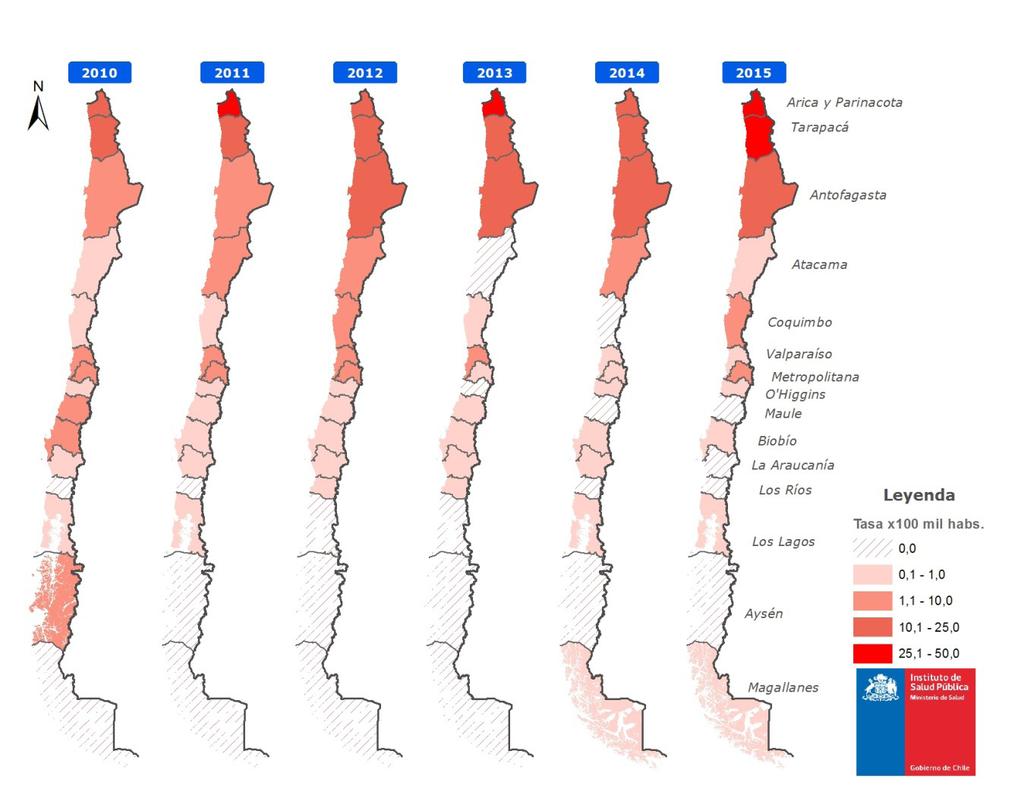 Para todos los años en estudio las tasas más elevadas se registran en la Región de Arica y Parinacota, seguida de las regiones de Tarapacá y Antofagasta (Figura 3). Figura 3.