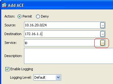 Agregue ACE: En la lista ACL, haga clic con el botón derecho del ratón la entrada 103, y elija agregan ACE. El cuadro de diálogo de ACE del agregar aparece. c. d. Haga clic el botón Option Button del permiso.
