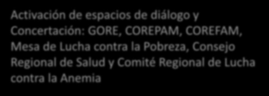 Estrategias implementadas Región Tacna Planificación desde el ámbito territorial Participación comunitaria y movilización Activación de espacios de diálogo y Concertación: GORE, COREPAM, COREFAM,