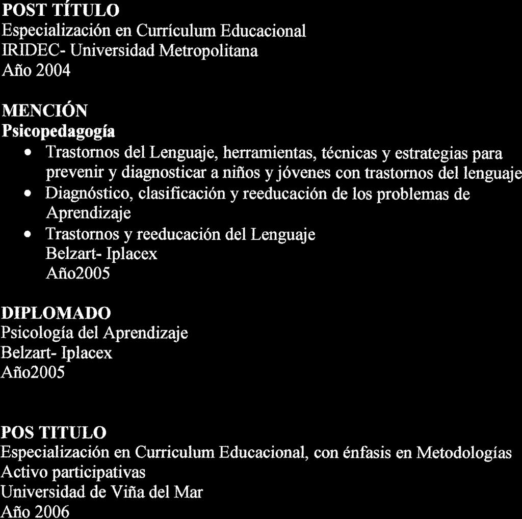 POST TÍTULO Especiali zación en Currículum Educacional IRIDEC- Universidad Metopolitana Año 2004 MENCIÓN Psicopedagogía.