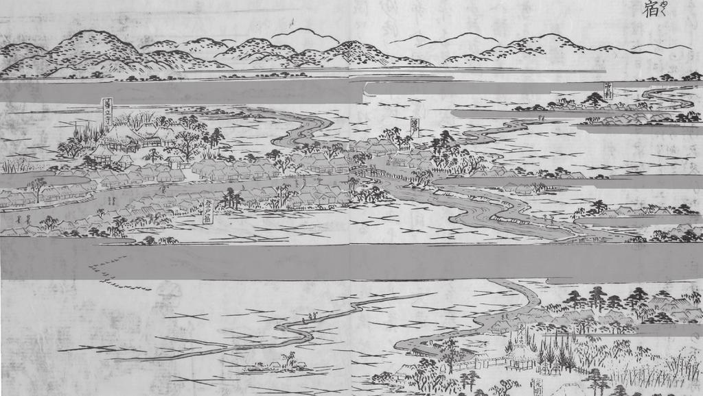 Elaboración propia. Vista de pájaro de la ciudad lineal de Noborito, a lo largo de Setagaya Dori, al oeste de Setagaya. Dibujo base: Título:Noborito-juku, Libro 8, p. 73. Edo Meisho Zue.