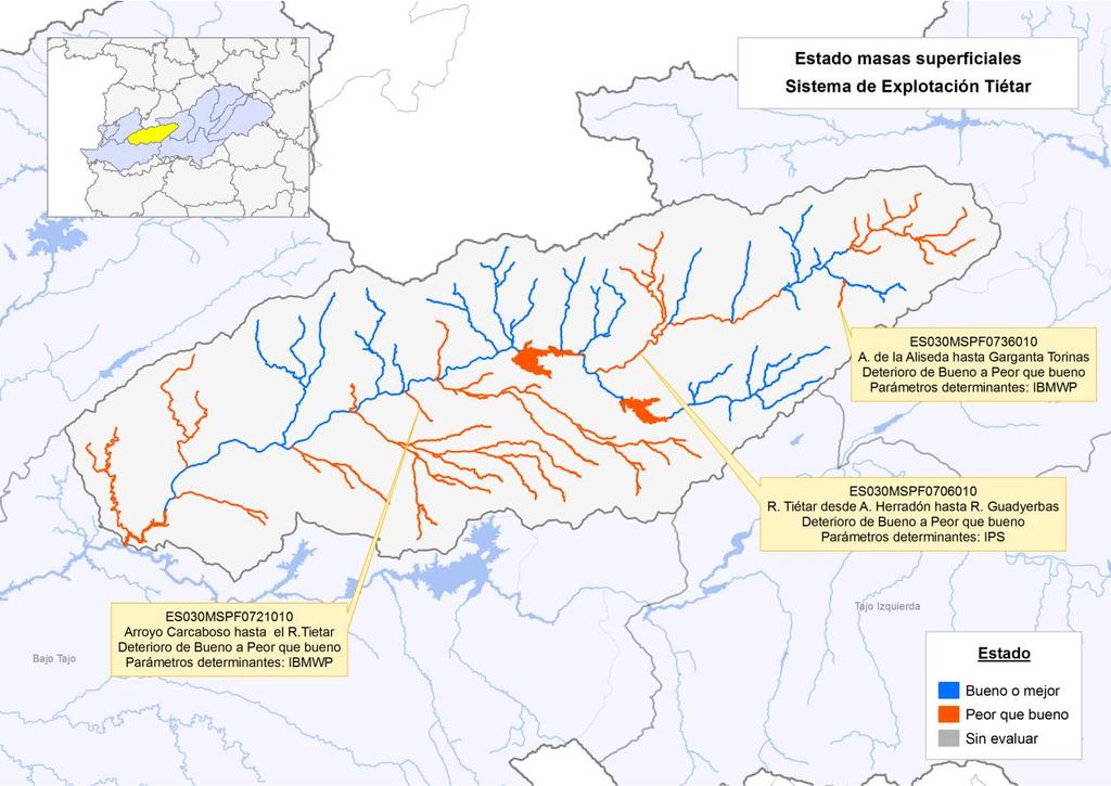 La evaluación del estado global de las masas de agua superficiales del sistema Tiétar (como el peor valor del estado ecológico y el químico) es la que se refleja en el mapa siguiente.