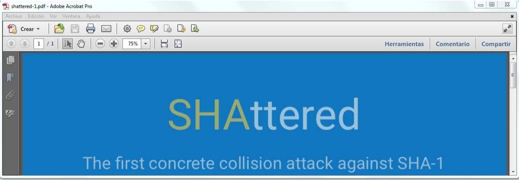 Hash SHA-1 del archivo shattered-1.pdf con opción de 7zip. Figura 32.