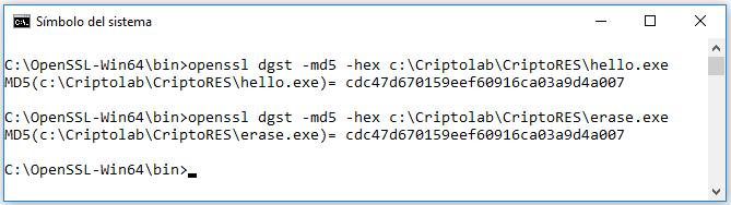 Colisiones en MD5 Ejercicio 3.1: colisión en archivos ejecutables 3.1. Con OpenSSL calcula el hash MD5 de estos dos programas hello.exe y erase.exe, que puedes descargarlos desde: http://www.mathstat.