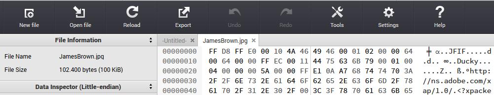 Figura 20. Edición de los archivos BarryWhite.jpg y JamesBrown.jpg con hexed.it. Ejercicio 3.3: colisión en archivos PDF 3.8.