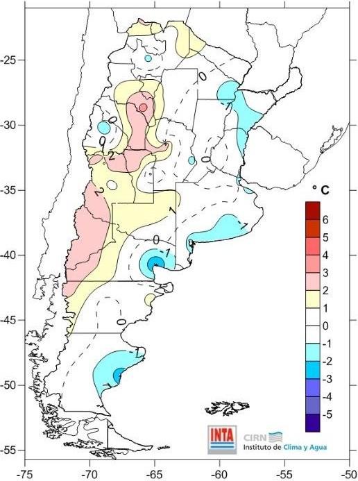 Los valores resultaron similares a los registrados la semana anterior. Se observaron temperaturas con anomalías positivas sobre Cuyo, Patagonia (noroeste) y extremo norte del NOA.