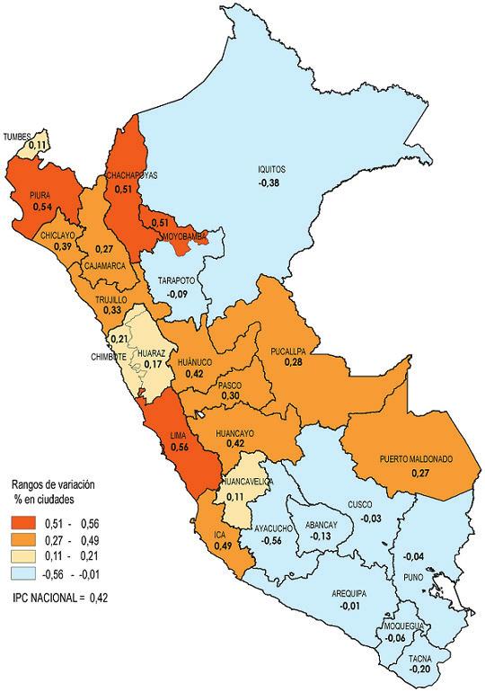 3,51 3,41 3,37 3,32 3,18 Variacion % mensual del Índice de Precios al Consumidor a nivel Nacional y Principales Ciudades Ciudades Lima Piura Moyobamba Chachapoyas Ica Huánuco Huancayo Nacional
