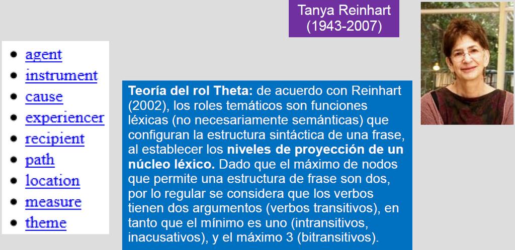 Teoría del rol Theta (1) Otra teoría que trata de explicar cómo operan las estructuras argumentales es la del rol Theta,