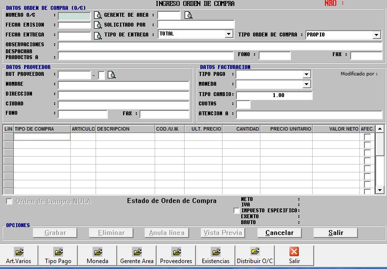 14 Imagen 02-2 Ingreso de Datos de Orden de Compra DATOS ORDEN DE COMPRA (O/C): El NUMERO O/C, es entregado automáticamente por el sistema.