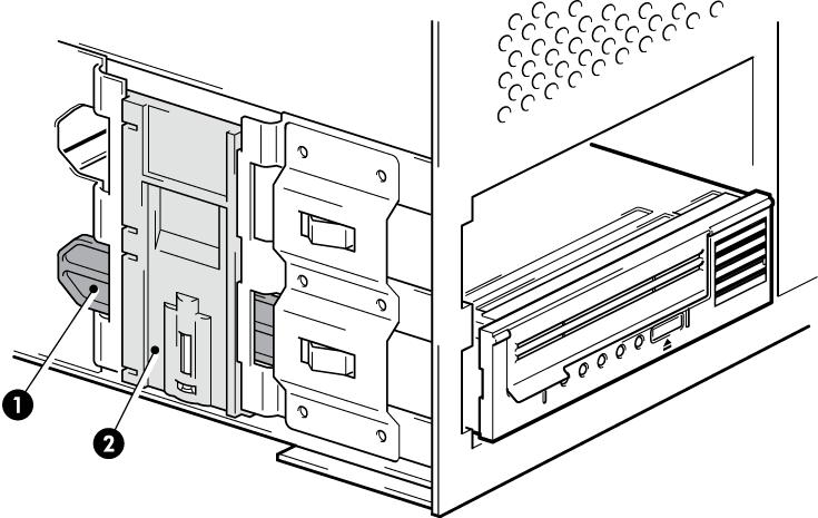 Figura 20 Fijación de la unidad con accesorios de montaje 1. Riel de plástico 2. Pestillo del servidor 2.