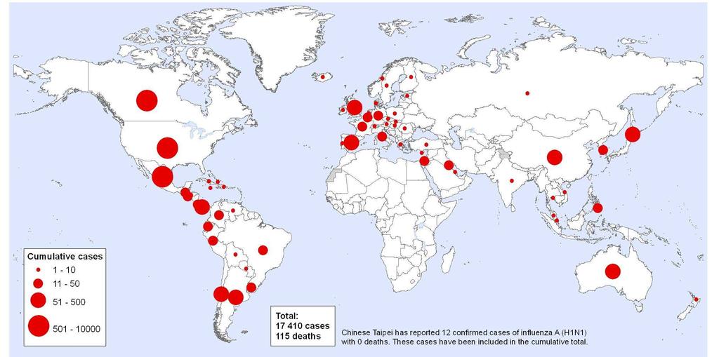 Casos confirmados según OMS al 01 de Junio del 2009 17410 casos con 115 defunciones en 62 países DIRECCIÓN GENERAL
