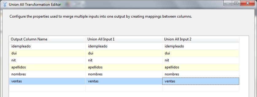 Para las columnas Union All Input 1 y Union All Input 2, debe ir seleccionando uno a uno cada uno de los campos de la tabla de la base de datos ii.