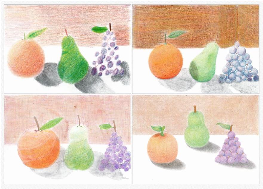 Làmina 2 : Natura morta. Dibuixa partir d un model del natural tres fruites (taronja, pera i raïm).