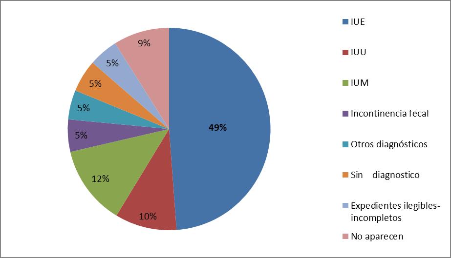 Gráfico 1. Distribución de expedientes revisados según el tipo de diagnóstico uroginecológico. Hospital México, enero febrero, 2015. Fuente: Elaboración Propia.