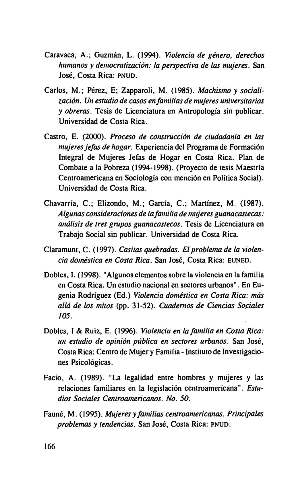 Caravaca, A.; Guzmán, L. (1994). Violencia de género, derechos humanos y democratización: la perspectiva de las mujeres. San José, Costa Rica: PNUD. Carlos, M.; Pérez, E; Zapparoli, M. (1985).