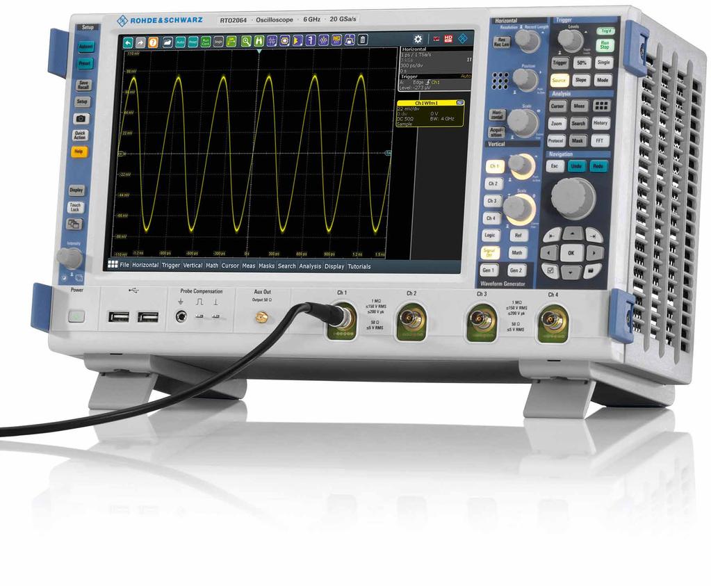 Acoplamiento del analizador de espectro y el osciloscopio RF IN FSW 85 Referencia RTO 2064 externa Convertidor A/D A Filtro analógico de FI IF OUT 5 GHz Ecualización y submuestreo D LAN Frecuencia de