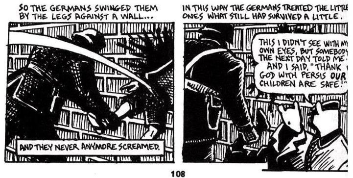 Las siluetas de los Spiegelman se salen de las líneas de los cuadros y están en las esquinas de las viñetas; están presentes pero dan paso a las ilustraciones de la interpretación gráfica de los