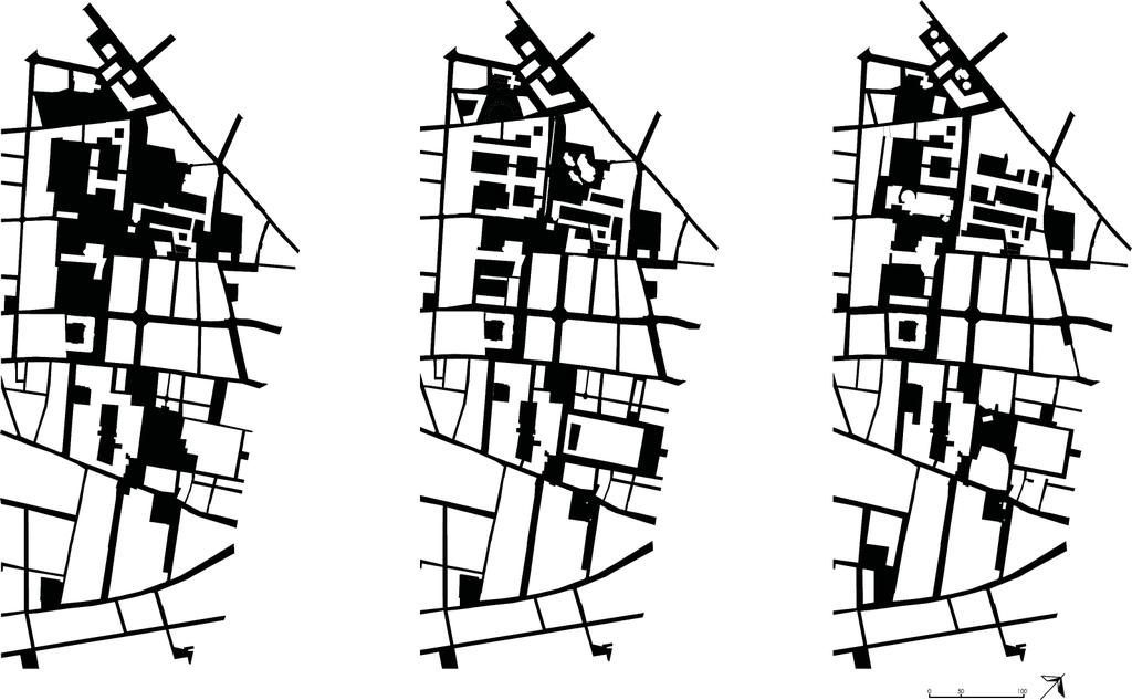 27 Representación en nega vo de la traza urbana y áreas propuestas a demoler (Dibujo por el autor).