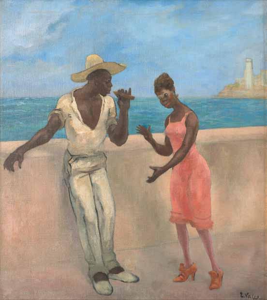 20 - En el malecón, 1929 99 x 89 cm Firmado: E. Valle (ángulo inferior derecho) La escena representa a una joven pareja de negros en el malecón de La Habana.