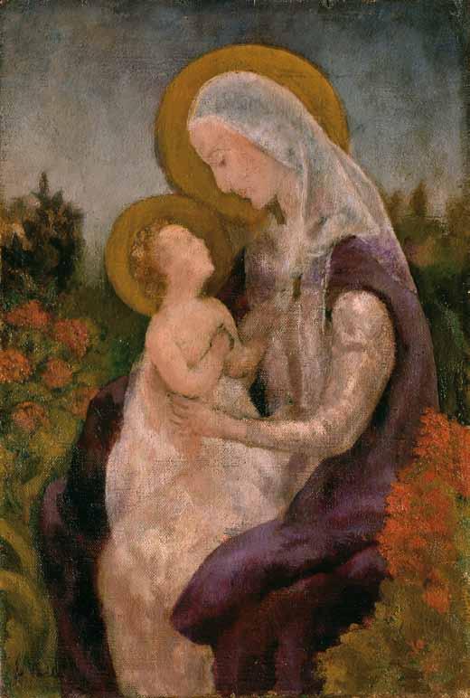 28 - Virgen con el Niño, c. 1938-1940 44 x 29,5 cm Firmado: E. Valle (ángulo inferior izquierdo) Madre e hijo aparecen representados de perfil en una atmósfera de jardín.